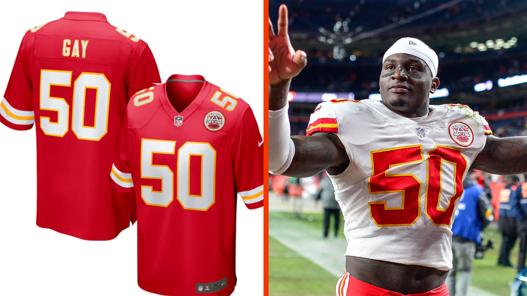 Two-panel image. On the left, the front and back of a red Kansas City Chiefs jersey. Number 50 is printed on both sides, and the back reads "GAY" for player Willie Gay Jr. On the right, Willie Gay Jr. poses with his arms up on a football field. He's a muscular Black man with eyeblack around his eyes and wears a white headband and a white jersey reading "50."
