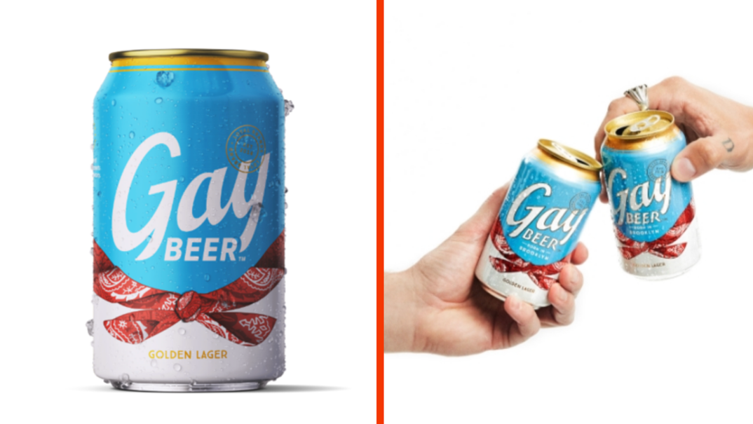 Two-panel image. On the left, a blue aluminum beer can. In cursive print, it reads "Gay Beer" in white text, with an illustration of a red ascot underneath. On the right, two different hands each hold the previously pictured can, this time popped open in a cheers.