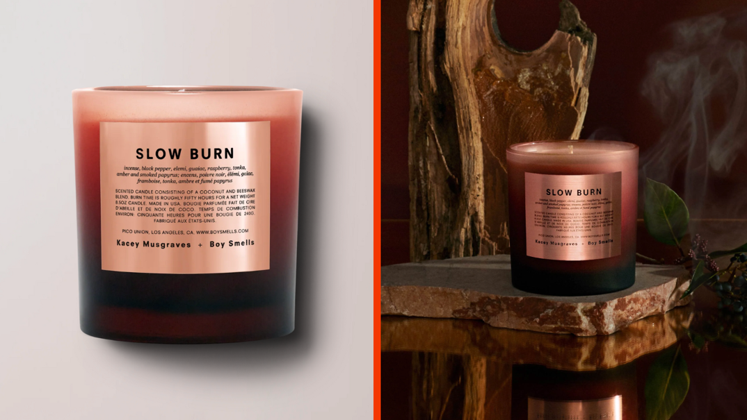 Two-panel image. On the left, a pink glass candle with a metallic gold label that reads "SLOW BURN" with indistinguishable text underneath. On the right, the same candle sits on a wooden table amidst plumes of smoke.