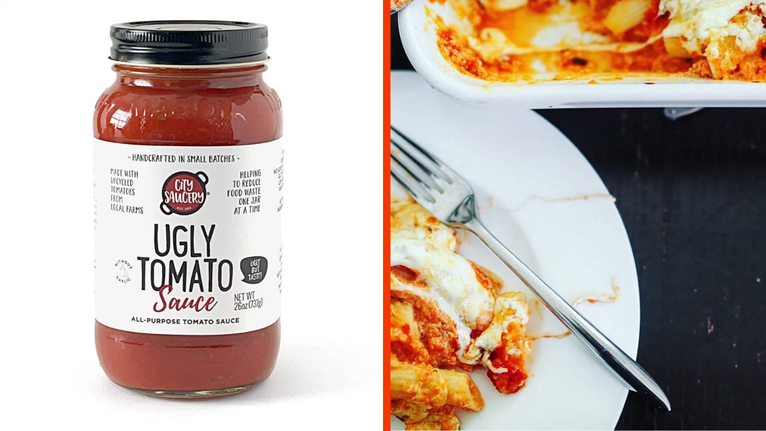 Two-panel image. On the left, a glass jar of tomato sauce sealed shut. On its white label reads: "Ugly Tomato Sauce" with a red logo reading "City Saucery." On the right, a plate of red sauce ziti with a fork sits on a plate next to a white plastic container of more pasta.