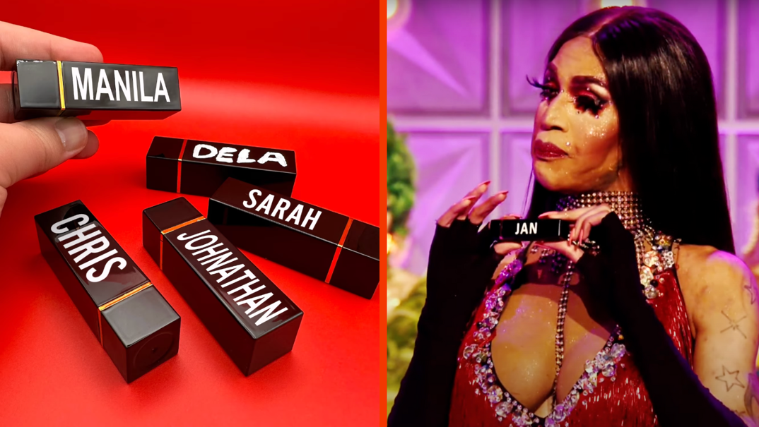 Two-panel image. On the left, five black tubes of lipstick modeled after props from 'RuPaul's Drag Race All-Stars.' Printed on the side in white are names like Manila, Dela, Sarah, Johnathan, and Chris. On the right, drag queen Trinity K. Bonet stands on the 'Drag Race' stage with long black hair, long eyelashes, and in a red dress. In her black gloved hands, she holds a black lipstick reading "Jan."
