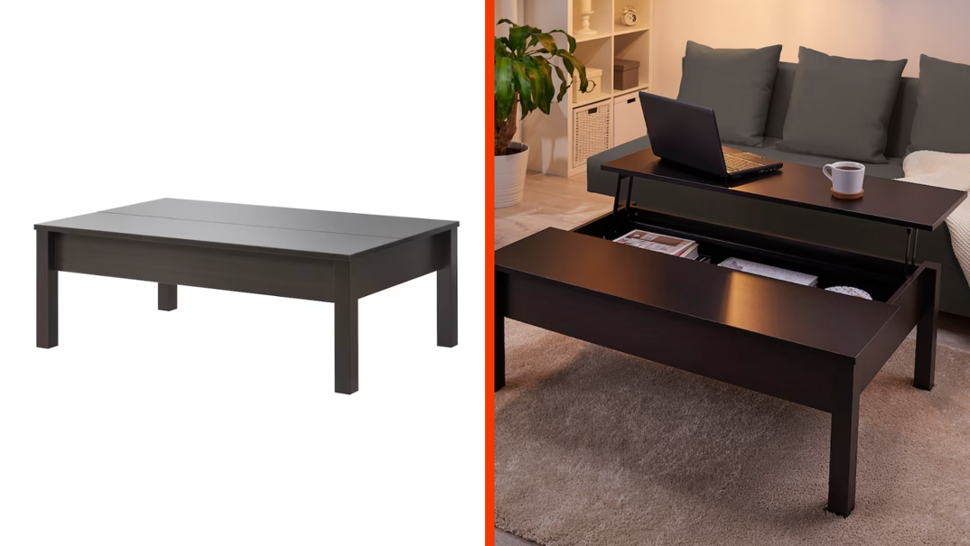 Two-panel image. On the left, a black-brown rectangular coffee table with thin legs in front of a white background. On the right, the same coffee table is pictured in a modern living room in front of a gray couch. One half has lifted up on hinges, sliding forward to be a tabletop at the couch. A laptop and coffee cup rests on that half.