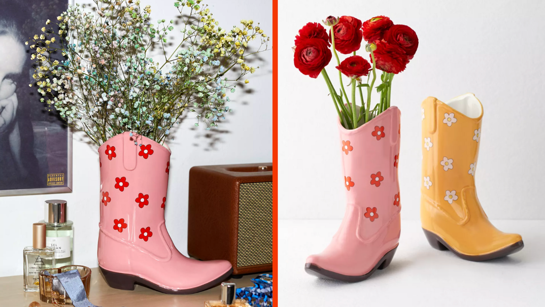 Two-panel image. On the left, a pink ceramic cowboy boot vase filled with wildflowers. The vase is pink with red and white daisies, and sits amongst records and perfumes on a wood dresser. On the right, the same pink vase pictured next to a similar one that's yellow with white daisies.