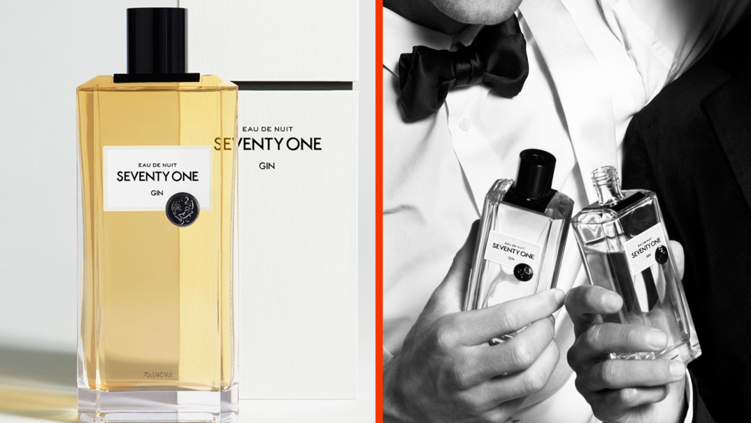 Two-panel image. On the left, a tall clear bottle of amber colored gin with a stylish black lid. The bottle reads "Seventy One Gin." On the right, a black and white photo of a man in a white tux embracing a man in a black tux cheersing with clear bottles of Seventy One Gin.