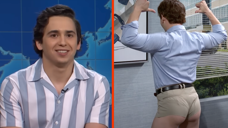 Two-panel image. On the left, Marcello Hernandez smiles in front of a blue background. He has long black hair and brown eyes and is clean shaven. He wears a blue and white striped collared shirt and microphone in a moment from 'Saturday Night Live's Weekend Update. On the right, Hernandez stands flexing his arms and pointing down. He faces a wall, wearing a blue dress shirt and khaki booty shorts, flexing his butt in a different 'SNL' skit.