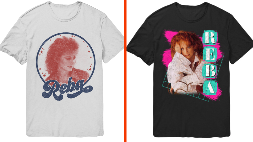 Two-panel image. On the left, a white vintage-looking t-shirt. In the middle of the shirt, a blue circle featuring a red-colorized old photo of Reba McEntire looking off and swooping blue letters reading "Reba." In the right panel, a black vintage t-shirt featuring a full-color red-haired Reba in a long sleeved white shirt. To her right, turquoise letters spelling out "REBA."