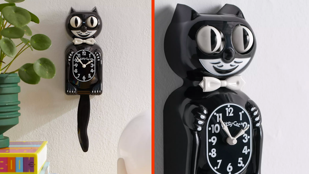 Two-panel image. On the left, a black and white Kit-Cat Klock affixed to the wall. The clock resembles a black cat with a swinging tail beneath it. The clock face and detailing are printed in white. To the left of the clock, a green plant sits on a yellow bookshelf. In the right panel, a closeup of the same clock at an angle.
