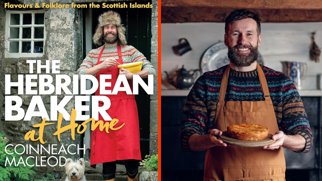 Two-panel image. On the left, the book cover for "The Hebridean Baker: At Home: Flavours and Folklore from the Scottish Islands." A tall Scottish man with a thick beard and furry hat is pictured on the cover in a colorful sweater and red apron. He stands mixing a bowl in a rustic doorway with a Westie dog posing at his ankles. In the right panel, he's pictured inside a rustic kitchen in a blue sweater with a brown apron. He holds a plate of pancakes and smiles brightly.