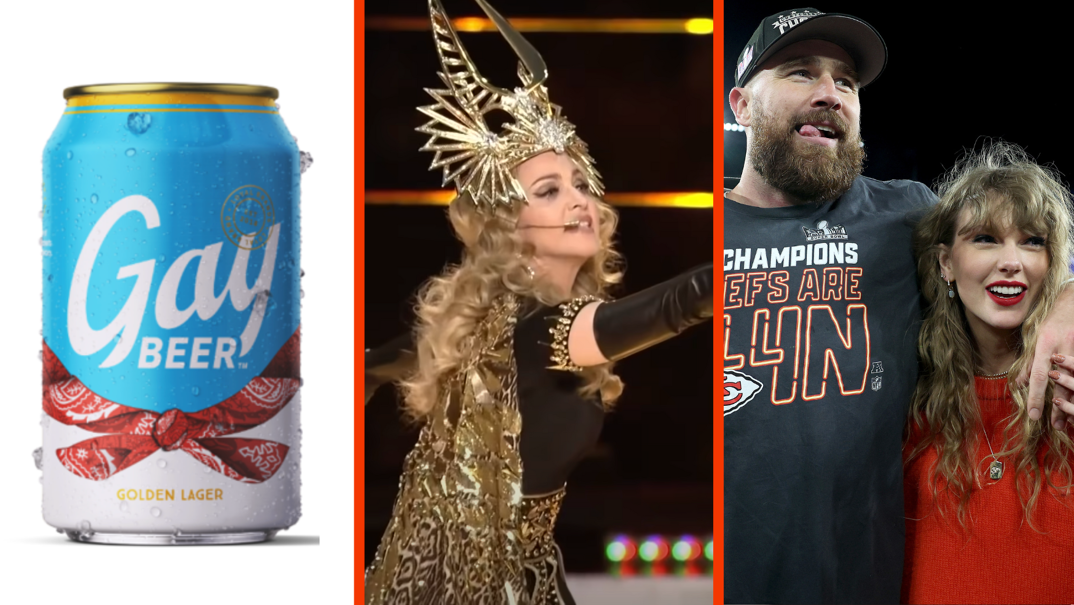 Three-panel image. On the left, a blue aluminum beer can. In cursive print, it reads "Gay Beer" in white text, with an illustration of a red ascot underneath. In the middle, Madonna performs at the Super Bowl in 2012. She wears a golden headdress, a golden cape, black gloves, and a wireless microphone. On the far right, Kansas City Chiefs player Travis Kelce smiles with his tongue sticking out. He has a brown beard and wears a black baseball hat and t-shirt. His arm is wrapped around Taylor Swift, who has curly blonde hair, red lipstick, and wears a red sweater smiling.