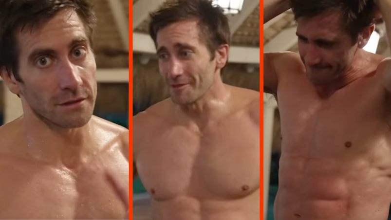 Three-panel image of Jake Gyllenhaal shirtless and wrestling. He has short brown hair and a large smooth muscled chest. On the left, he looks into the camera with a worried face. In the middle, he smiles with his hands on his hips in a conversation. On the right, he holds his hands behind his head and flexes his abs.