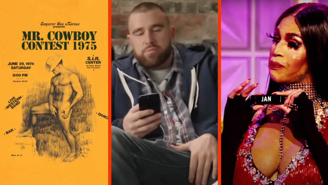 Three-panel image. On the left, a golden t-shirt pictured on a white background. The shirt has a black illustration of a naked muscular man in a cowboy hat and reads "Mr. Cowboy Content 1975." In the middle, a shaved head Travis Kelce sits on a couch in a blue hoodie looking at his phone and grabbing his crotch through his jeans. On the right, drag queen Trinity K. Bonet stands on the 'Drag Race' stage with long black hair, long eyelashes, and in a red dress. In her black gloved hands, she holds a black lipstick tube reading "Jan."