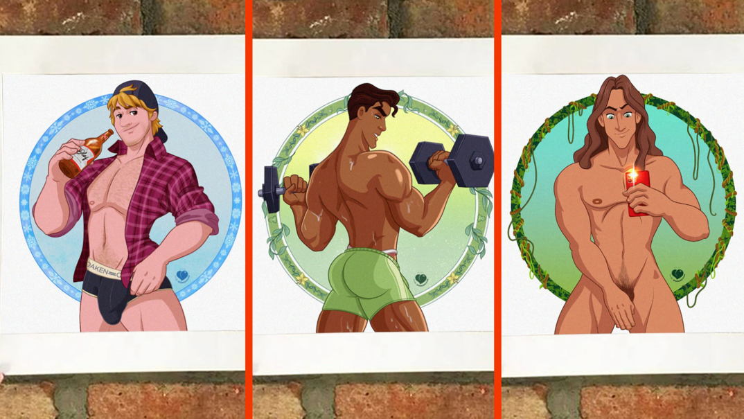 Three-panel image of illustrated prints in front of brick walls. On the left, Kristoff from Frozen drawn in a black briefs with an open flannel shirt revealing a hairy chest. He holds a beer and smiles mischievously. In the middle, Prince Naveen from Princess in the Frog holds up two free weights, standing shirtless in tight fitting green shorts. On the right, Tarzan is drawn naked, holding a cellphone and taking a selfie, conveniently covering his nether regions. 