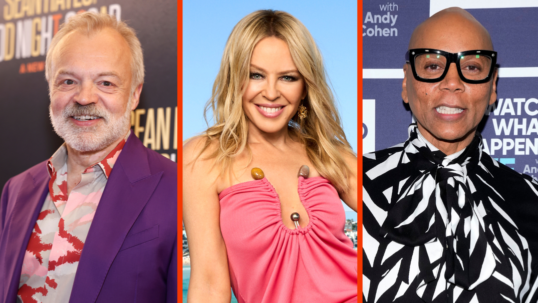Three-panel image. On the left, Graham Norton smiles in a purple blazer over a pink and red dress shirt. He has thin gray hair and a full gray beard. In the middle, Kylie Minogue smiles in a pink low cut dress. She's posed outdoors with long, perfectly coiffed blonde hair and golden earrings. On the right, RuPaul smiles in front of a blue step-and-repeat. He wears a black and white shirt up to his neck and thick black rimmed glasses.