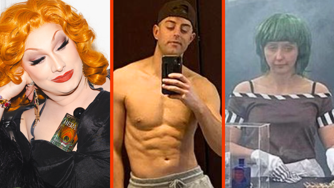 Three-panel image. On the left, Jinkx Monsoon wears a black negligee and sits resting her head on her hand. In her cleavage is a dazzling orange glass bottle for her perfume 'Hera.' She has long, brilliant, orange curled hair and red lipstick. In the middle panel, Colin Grafton stands shirtless in the mirror taking a photo on his iPhone. He wears a black backwards cap and gray sweatpants. On the right, a sad-looking woman in a green wig and shoulderless brown dress stands behind a table. She wears white gloves and fumbles with blue glass bottles in a cloud of smoke.