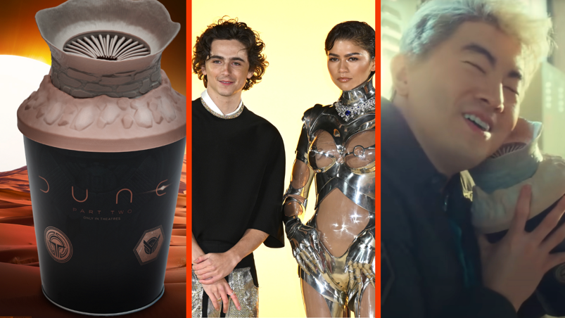 Three-panel image. On the left, an advertisement for AMC Theatres' Dune 2 popcorn bucket. It's a black tin with a detachable rubber lid, with its opening at the top being a circle with short tentacles all stretching out towards its center. In the middle, Timothée Chalamet stands in a black shirt and silver pants smiling with curly brown locks. Next to him is Zendaya with slicked back hair in a metallic, tight-fitting futuristic robot suit. They're posed in front of a yellow background at a Dune press event. On the right, Bowen Yang with bleached blonde hair stands in a high school hallway smiling. He holds the aforementioned popcorn bucket close to his face in a Saturday Night Live sketch.