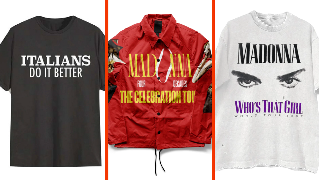 Three-panel image. On the left, a black t-shirt that says "Italians Do It Better" in white capital letters. In the middle, a red bomber jacket with yellow text reading "MADONNA The Celebration Tour" and white text reading "Four Decades." On the right, a white vintage t-shirt featuring Madonna's eyes and brows in black under the word "MADONNA" in capital letters. Underneath, purple text reading "Who's That Girl World Tour 1987."