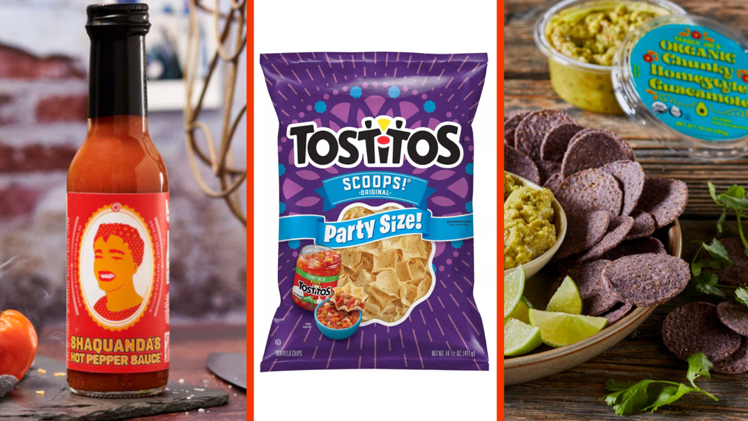Three-panel image. On the left, a hot sauce bottle filled with red sauce. On a red label, "Shaquanda's Hot Pepper Sauce" is printed in gold alongside a golden illustration of the eponymous drag queen creator. The sauce is pictured on a wooden table. In the middle, a purple bag of tortilla chips reading "Tostitos Scoops! Party Size." On the right, an attractive tray of purple tortilla chips next to a bowl of fresh green guacamole and limes. In the background, the plastic container open for Trader Joe's "Organic Chunky Homemade Guacamole," printed on its lid.