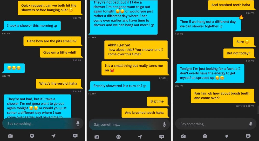 A Grindr conversation about showering and hygiene