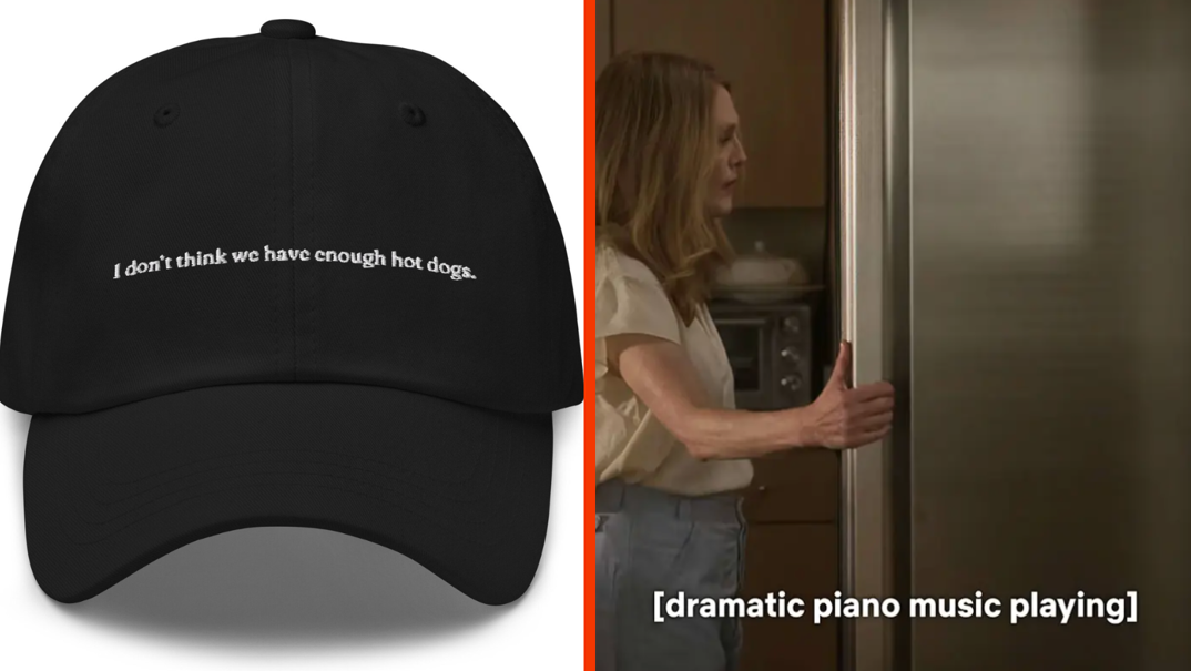 Two-panel image. On the left, a black baseball hat reading "I don't think we have enough hot dogs" in white text. On the right, Julianne Moore stands looking into a tall fridge in a scene from "May December." Subtitles read: "[dramatic piano music playing]."