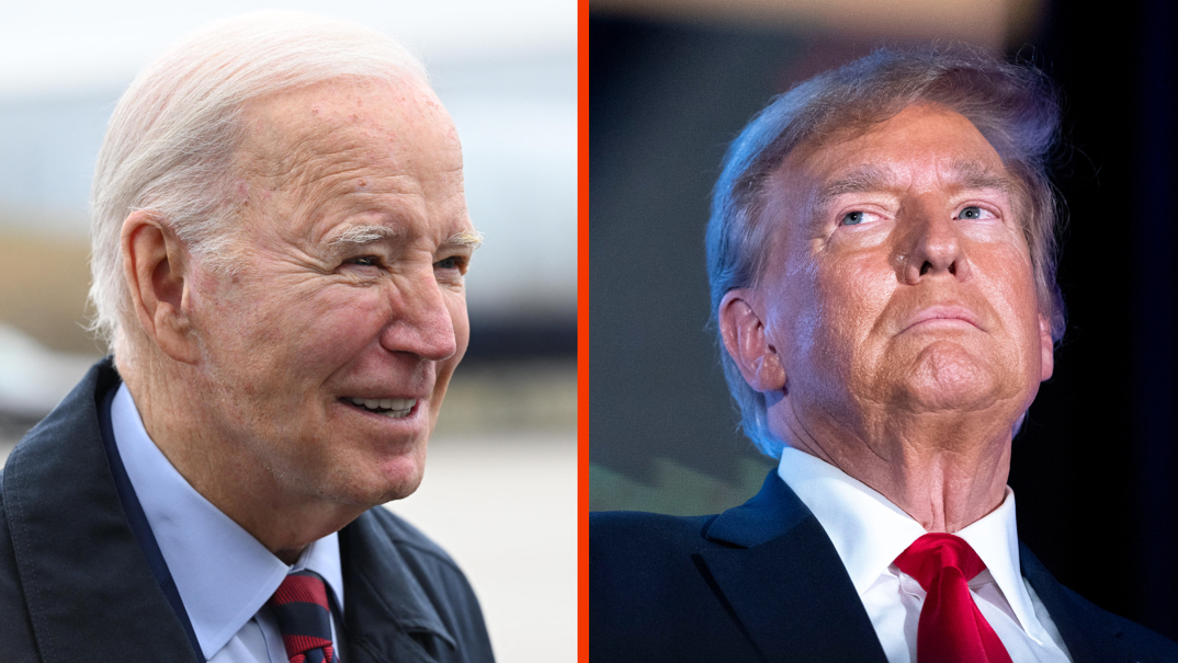 Two-panel image. On the left, Joe Biden smiles in a black suit jacket and blue dress shirt with a maroon tie. He's pictured outside in an indiscernible background talking to reporters. On the right, Donald Trump looks on disapprovingly standing on stage at an event at nighttime.