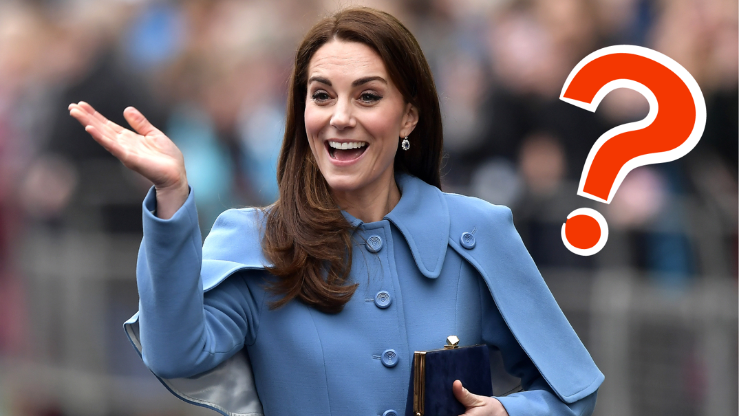 Kate Middleton, wearing a light blue dress with a cape over the shoulder, stands waving in an indiscernible crowd. She holds a blue clutch purse and has long brown hair. Next to her is a superimposed orange question mark.