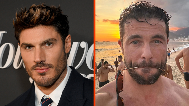 Two-panel image. In the left panel, Chris Appleton poses on a red carpet. He has dark spiked hair with bleached tips, a strong jawline and a beard and mustache. He wears a black suit. On the right, Federico Debernardi takes a selfie on a sunset-lit beach. He holds his sunglasses in his mouth and has black wet hair and a beard and mustache. He stands shirtless.