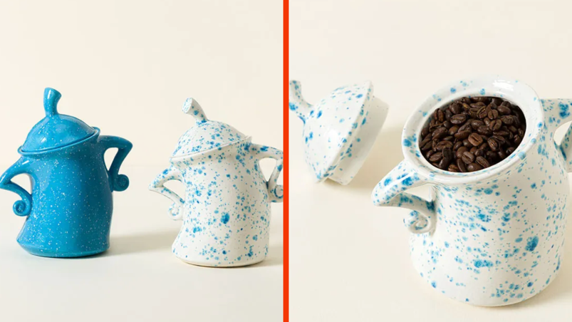 Two-panel image. In the left panel, two cookie jars (one blue colored and one white and blue speckled) are pictured in front of a tan background. The jars look "sassy" with handles arranged so they look like they have their hands on the hips. In the right panel, the blue and white speckled jar is pictured without its lid showing coffee beans within.