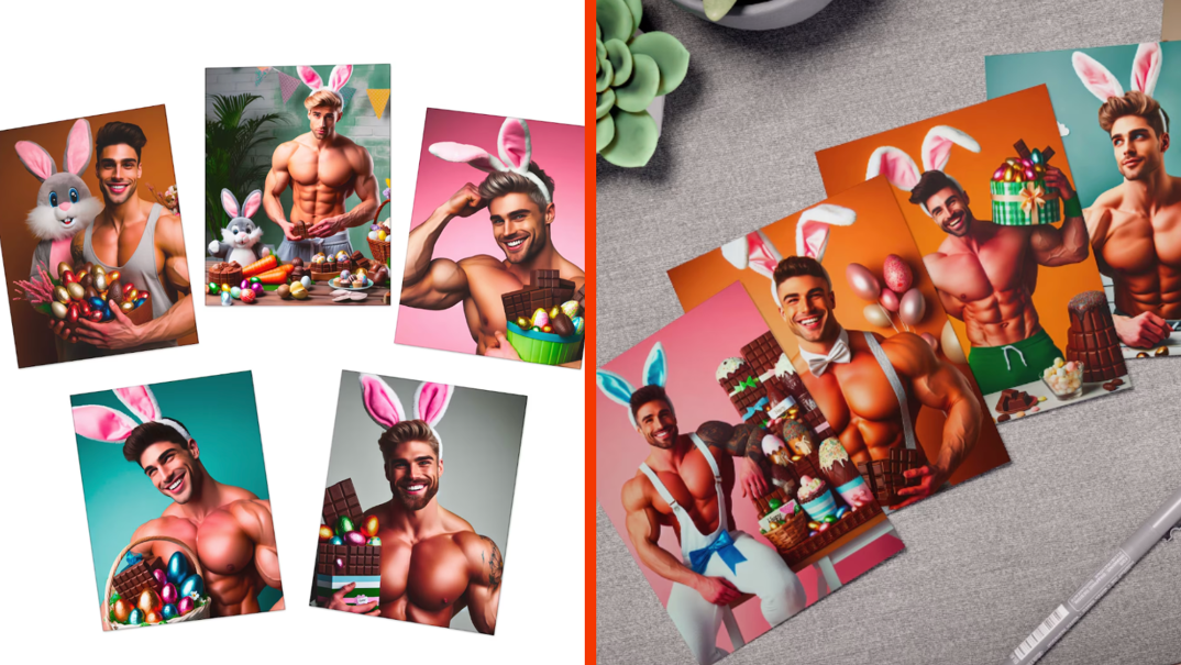 Two-panel image. On the left, five cards showcasing AI-generated images of shirtless men holding Easter baskets, wearing bunny ears, and smiling broadly. In the right panel, four similar-looking cards are pictured on a gray table next to a green succulent.