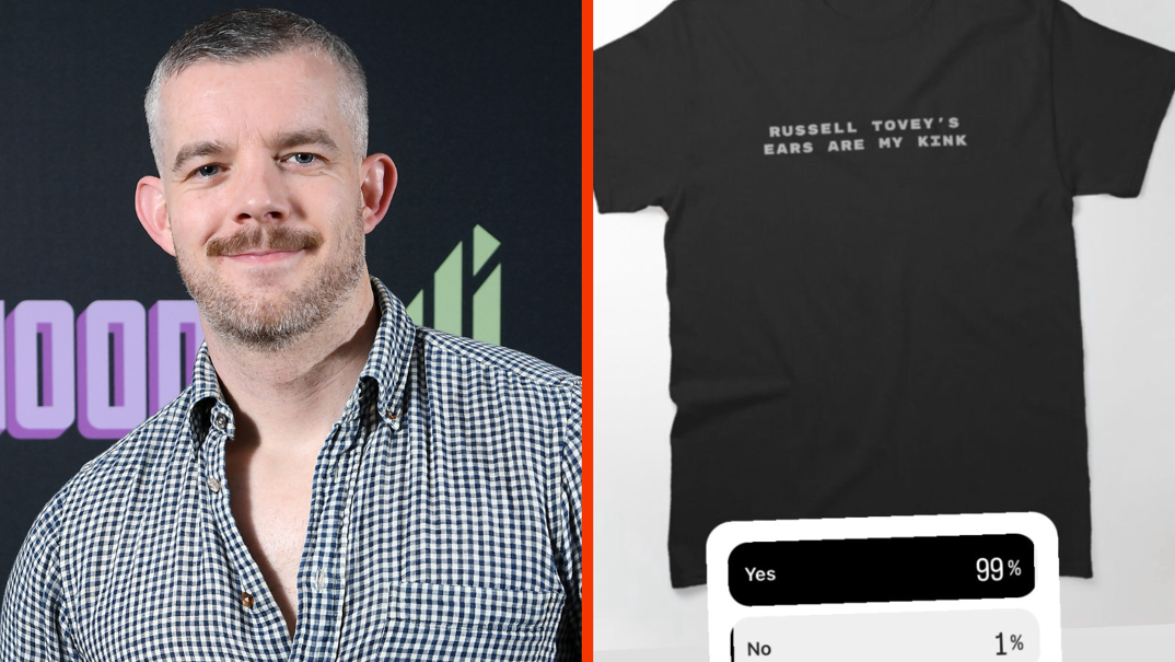Two-panel image. On the left, Russell Tovey softly smiles with short gray hair and a brown mustache. He wears a blue and white plaid button-down shirt, open a few buttons to reveal his chest. In the right panel, a screenshot of his Instagram Story showing a black tee reading "Russell Tovey's ears are my kink" and a poll with 99% of voters saying "yes."