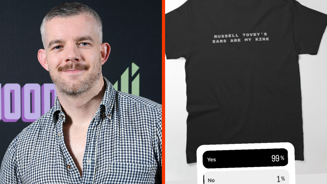 Two-panel image. On the left, Russell Tovey softly smiles with short gray hair and a brown mustache. He wears a blue and white plaid button-down shirt, open a few buttons to reveal his chest. In the right panel, a screenshot of his Instagram Story showing a black tee reading 