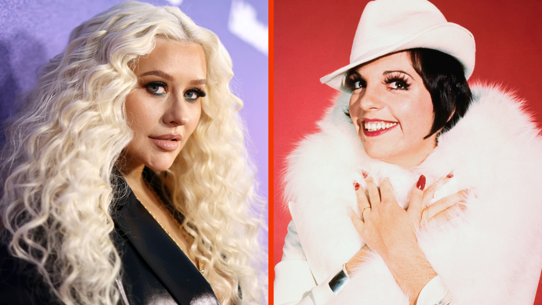 Two-panel image. On the left, Christina Aguilera with curled platinum blonde hair on the red carpet. On the right, Liza Minnelli poses in a white hat and fur coat with red lipstick during a photoshoot. 