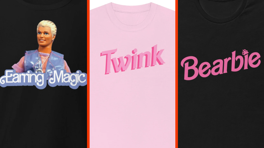 Three-panel image. In the left panel, a black t-shirt featuring the Earring Magic Ken doll with blue text reading "Earring Magic." In the middle panel, a pink t-shirt reading "Twink." In the right panel, a black t-shirt reading "Bearbie" with a paw print over the "I."