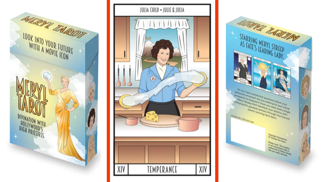 Three-panel image. In the left panel, a deck of tarot cards featuring an illustration of Meryl Streep in a gold dress. The box reads "Meryl Tarot: Divination with Hollywood's High Priestess." In the far right panel, the back of the box showing off various illustrated cards. In the middle, a card featuring an illustration of Meryl as Julia Child with brown hair in a kitchen. It reads: "Temperance."