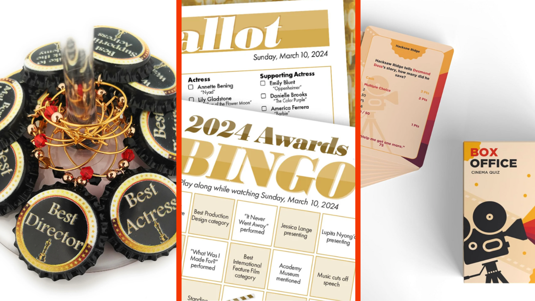 Three-panel image. In the left panel, wine charms shaped like bottle caps that read "Best Director," "Best Actress," and other Academy Award categories in gold lettering. In the middle panel, templates for Academy Award BINGO and Ballot sheets, printed in golden lettering. In the right panel, a boxed card game that reads "Box Office Cinema Quiz." To its left, a stack of tan cards with indiscernible movie trivia questions printed in black.