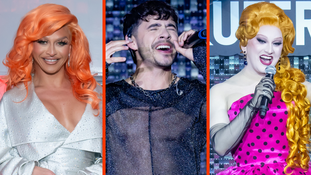 Three-panel image. On the left, Sasha Colby poses on the red carpet in an orange wig. In the middle, David Archuleta sings into a microphone in a transparent black top. On the right, Jinkx Monsoon talks into a microphone in an orange wig.