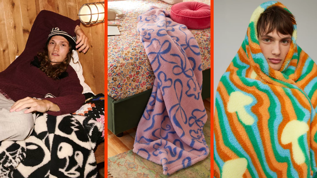 Three-panel image. In the left panel, a man with long brown hair in a black shirt and beanie lounges on a black and white checkerboard plush throw. In the middle, a pink and purple floral designed plush throw lays over a bed. In the right panel, a blonde man smiles draped in a plush throw adorned with mushrooms and psychedelic lines.