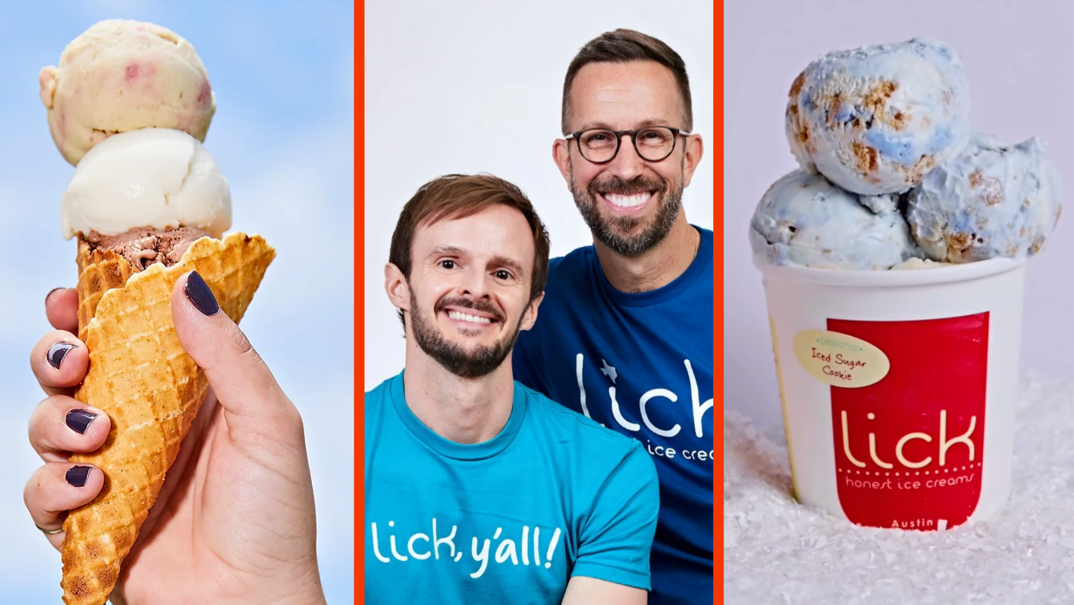 Three-panel image. On the left, a hand with purple nails holds up a waffle cone filled with vanilla scoops. In the middle, Lick Honest co-founders Anthony and Chad smile against a gray backdrop. They're both men with dark brown hair and beards and smile widely. In the right panel, a pint of ice cream that reads "Lick Honest Ice Cream" with scoops of iced sugar cookie ice cream spilling out the top. 