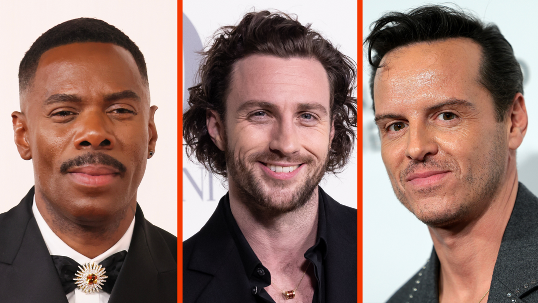 Three-panel image. In the left panel, Colman Domingo, a Black man with short black hair and a thin black mustache, smiles on the red carpet. He wears a black tux and has a small earring in his left ear. In the middle panel, Aaron Taylor-Johnson smiles on the red carpet. He is a white man with long brown hair and a thin beard and mustache. He stands wearing a black collared shirt, open to reveal light chest hair. In the right panel, Andrew Scott smiles on the red carpet in a gray blazer with rhinestones along the collar. He is a white man with short brown hair coiffed up and light five o'clock shadow.