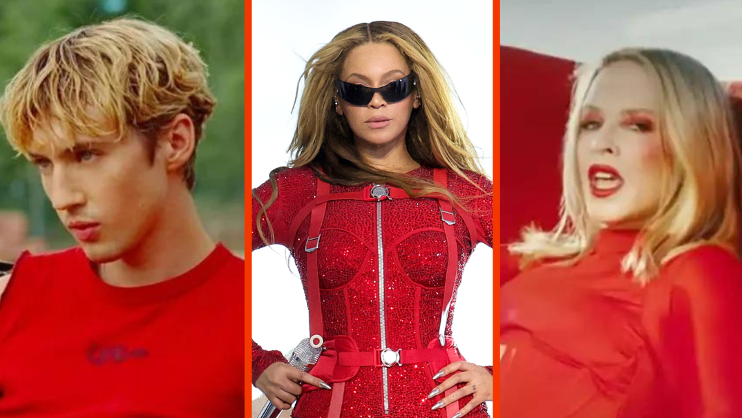 Three-panel image. In the left panel, Troye Sivan sits in a red tank top with dark hair bleached on top staring off in a screenshot from the "Rush" music video. In the middle panel, Beyoncé stands posed on stage on tour in a red jumpsuit with long straight brown hair and in sunglasses. In the right panel, Kylie Minogue sits in a red chair with dark red lipstick and long blonde hair and a red jumpsuit up to her neck in a screenshot from the "Padam Padam" music video.
