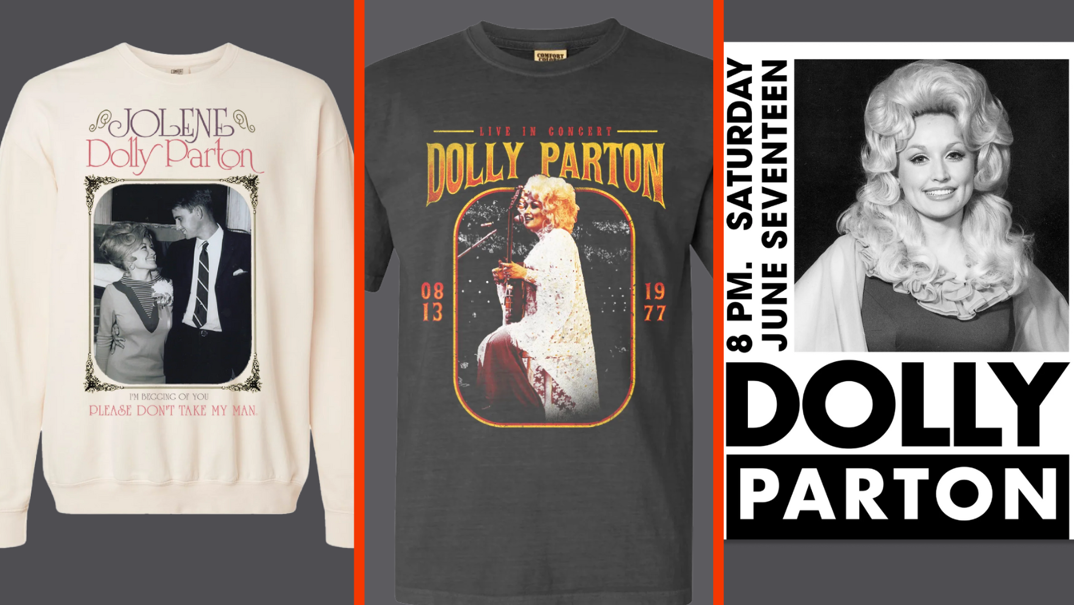 Three-panel image. On the left, an off-white long sleeved crew neck featuring a black and white image of vintage Dolly Parton and her husband. In cursive text: 