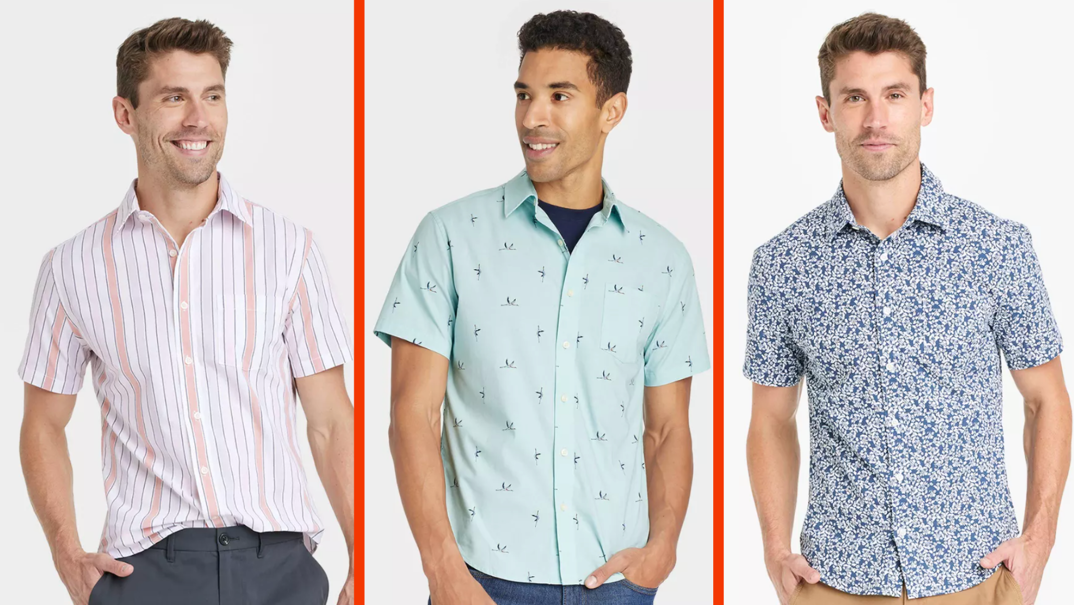 Three-panel image, each featuring a male model in a short sleeved button down shirt. In the left, a man wears a striped white, pink, and gray shirt. In the middle, a man wears an aqua blue shirt with a dragonfly design. In the right, the man wears a blue and white floral print.