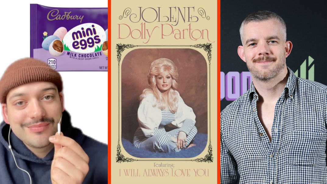 Three-panel image. In the left, comedian Stephen Brower wears a tan beanie and blue hoodie. He has a thin black mustache and talks about Cadbury Mini Eggs in a TikTok. In the middle, the album cover for Dolly Parton's "Jolene", featuring a vintage photo of the singer with big, blonde hair, framed in the middle of a yellow tableau. It reads "Jolene by Dolly Parton. Featuring I Will Always Love You." In the right, Russell Tovey softly smiles with short gray hair and a brown mustache. He wears a blue and white plaid button-down shirt, open a few buttons to reveal his chest.