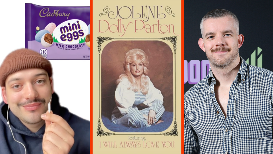 Three-panel image. In the left, comedian Stephen Brower wears a tan beanie and blue hoodie. He has a thin black mustache and talks about Cadbury Mini Eggs in a TikTok. In the middle, the album cover for Dolly Parton's 