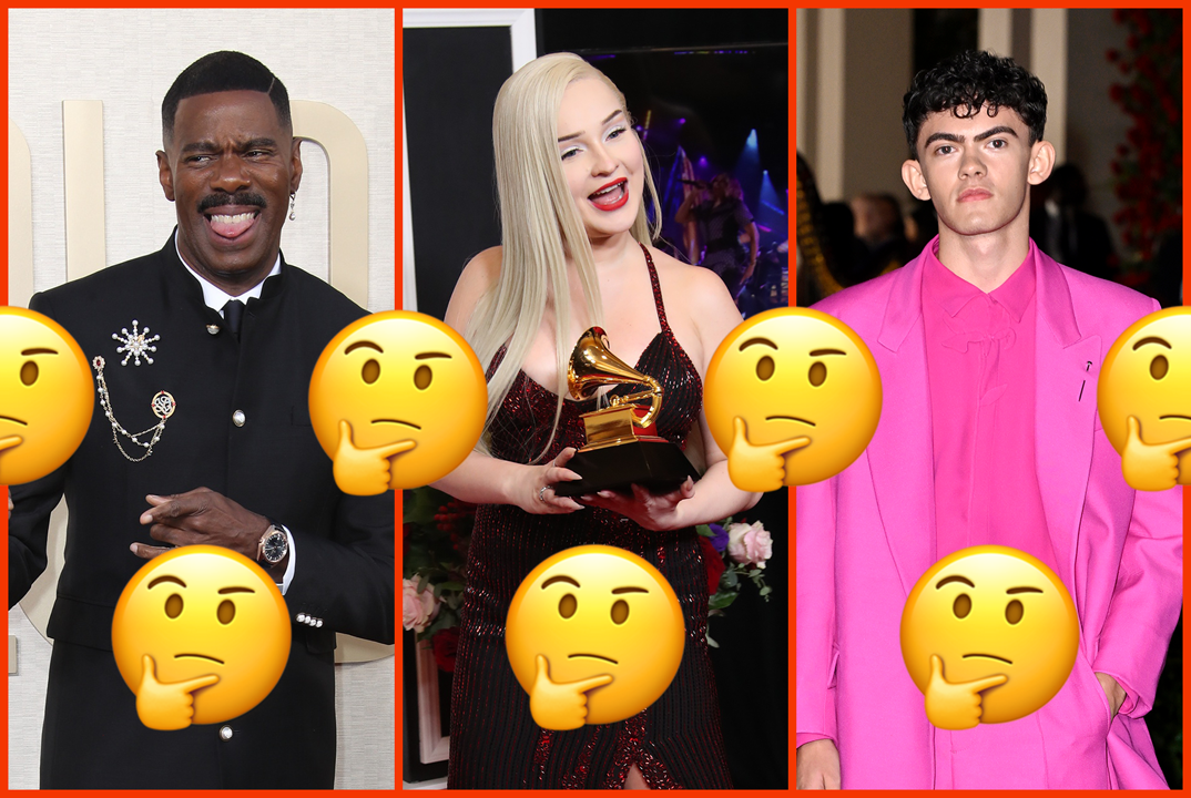 a collage of three queer celebs for a quiz that includes Colman Domingo, Kim Petras, and Joe Locke, with thinking face emojis on top of the image