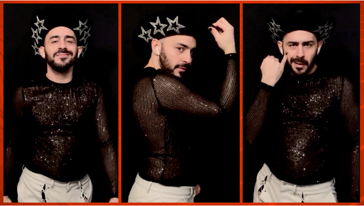 Performer Gregor Lopes wears a cowboy hat and a sparkly black top while dancing and signing in ASL to Beyoncé's