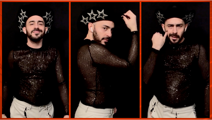 Performer Gregor Lopes wears a cowboy hat and a sparkly black top while dancing and signing in ASL to Beyoncé's "Texas Hold'Em" song.