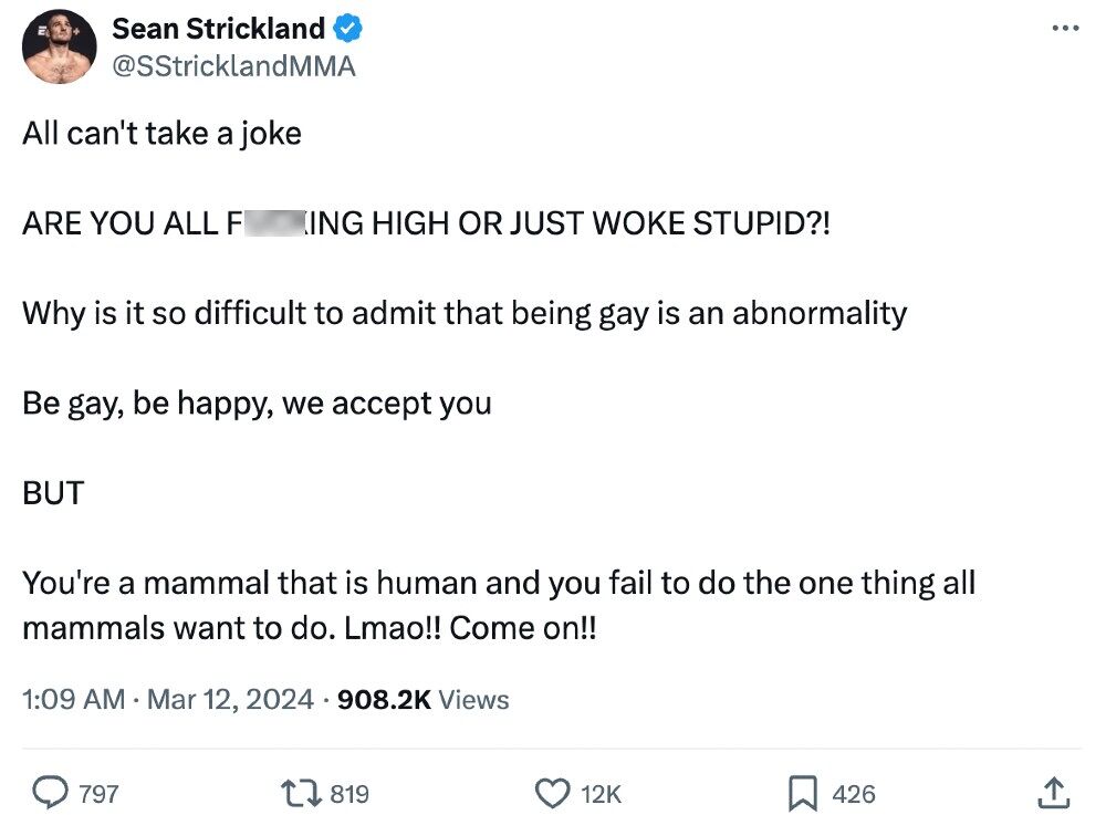 Sean Strickland's anti-gay tweet