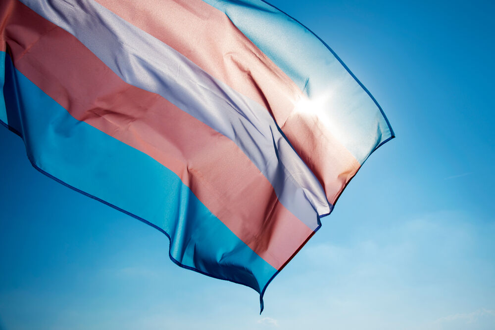 Transgender pride flag backlit by the sun