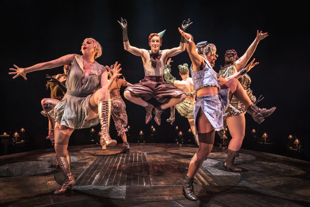 Eddie Redmayne, center, and the cast of "Cabaret at the Kit Kat Club."