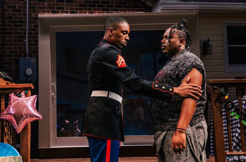 Elijah Webb, left, and Marcel Spears in "Fat Ham" at Geffen Playhouse. Photo by Jeff Lorch.